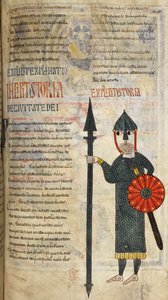 جندي من القوط الغربيين يرتدي ملابس طويلة بطول الركبة وسراويل ضيقة ، رسم توضيحي من "Beatus of Liébana" بواسطة بيتر بيتر