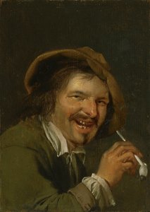 الرائحة: رجل يضحك يدخن غليون. من سلسلة تجسيدات الحواس الخمس حوالي 1635-66 (زيت على خشب) بواسطة بيتروس ستافرينوس