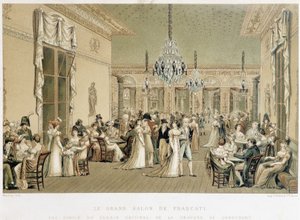 جراند صالون دو كافيه فراسكاتي في باريس. الطباعة الحجرية بواسطة Philibert-Louis Debucourt (1755-1832)