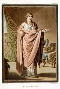 Clytemnestra ، زي لـ "Iphigenia in Aulis" لجين راسين ، من المجلد الثاني من "البحث عن الأزياء والمسرح لكل الأمم" ، نقش بواسطة بيير ميشيل أليكس (1762-1817) 1802 (نقش ملون)