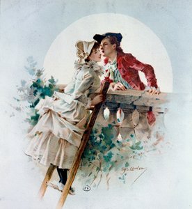 قبلة العطاء مشهد غالانت يمثل زوجين التقبيل في ضوء القمر. طباعة حجرية لفيليب جاك ليندر (1835 -؟) مجموعة خاصة من القرن التاسع عشر