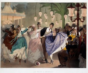 مشهد رقص الفالس في مابيل في مابيل عام 1867. طباعة حجرية لفيليب جاك ليندر (1835-؟). سلسلة متحف الأعراف والأفعال. متحف كارنافاليت ، باريس