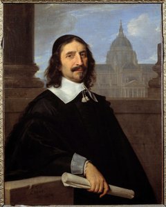 صورة للمهندس المعماري جاك لوميرسييه (1585-1654) أمام كنيسة السوربون لوحة لفيليب دي شامبين (1602-1674) (ec.flam.) القرن السابع عشر. 0،97 × 0،75 م - - صورة للمهندس المعماري جاك لوميرسييه (1585-1654) ، أمام تي بواسطة فيليب دي شامبين