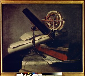 الآلات الفلكية. (أدوات فلكية). لا تزال الحياة مع التلسكوب الفلكي (التلسكوب) والكرة الأرضية السماوية وخريطة السماء. لوحة لفيليب دي لا هايري (1640-1718). الفن الفرنسي على الطراز الباروكي. زيت على قماش. متحف تسارسكوي سيلو ، سانت ب بواسطة فيليب دي لا هير