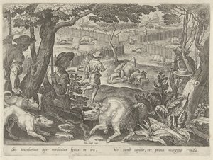 Drijfjacht op zwijnen Jachttaferelen (عنوان المسلسل) وفيه كل نوع من الصيد والطيور وصيد الأسماك (عنوان السلسلة) بواسطة فيليبس جالي
