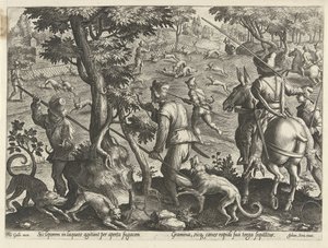 Jacht op hazen Jachttaferelen (عنوان المسلسل) وفيه كل نوع من الصيد والطيور وصيد الأسماك (عنوان السلسلة) بواسطة جان فان دير سترايت
