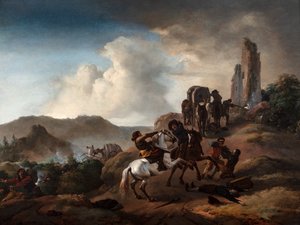 قطاع الطرق نصبوا كمينًا للمسافرين على طريق في منظر طبيعي إيطالي، حوالي 1640-50 (زيت على لوحة)