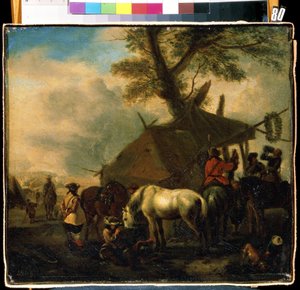 مكان الري. اللوحة بواسطة Philips Wouwerman (1619-1668). زيت على خشب