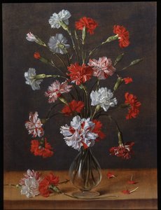 باقة من زهور القرنفل في مزهرية زجاجية، حوالي 1600-1700 (زيت على لوحة)