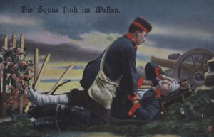 The Sun set in the west: a German soldier comforting his dying comrade on the battlefield (coloured photo) بواسطة مصور فوتوغرافي ألماني