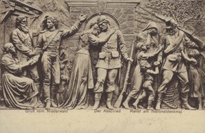 الوداع ، الإغاثة على Nationaldenkmal ، النصب التذكاري لإحياء ذكرى توحيد ألمانيا ، Rudesheim am Rhein ، هيس (b / w photo) بواسطة مصور فوتوغرافي ألماني