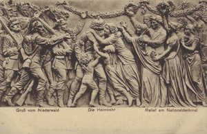 العودة للوطن ، الإغاثة على Nationaldenkmal ، النصب التذكاري لإحياء ذكرى توحيد ألمانيا ، Rudesheim am Rhein ، هيس (صورة b / w) بواسطة مصور فوتوغرافي ألماني