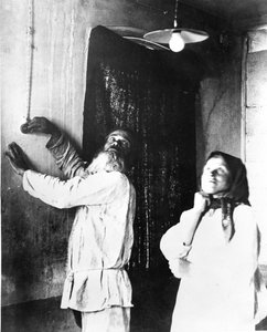 Peasants in the village of Bryansk Gubernia trying out their first electric light bulb (b/w photo) بواسطة مصور روسي