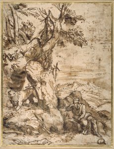 St Jerome reading in the wilderness, after Titian (c.1488-1576) (reed pen & brown ink with brown wash on cream laid paper)