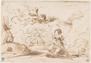 ظهور الملاك لهاجر وإسماعيل في البرية، حوالي عام 1645 (قلم رصاص وحبر بني مع غسيل بني على ورق مصقول)