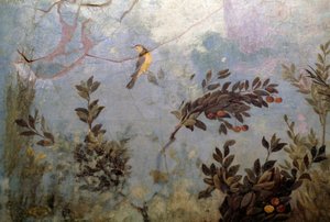Bird, detail from a fresco depicting a garden with trees and birds, from the House of Livia on Palatine hill, Rome, Italy. Roman civilization