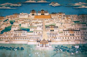 Fresco depicting the city in Ganden Sumtsenling Monastery (gompa), Zhongdian (in Tibetan Gyalthang, renamed in 2001 to Shangri-La by the Chinese government to promote tourism in this area of the Tibetan high plateau), Yunnan Province, China