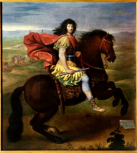 صورة الفروسية للويس الرابع عشر (37 سنة). ملك فرنسا لويس الخامس عشر ، المعروف باسم Le Bien Aime (1710-1774) ، يمثل في درع وأحذية صندل ويمسك بعصا زرقاء بزهور زنبق. رسم ورشة عمل بيير مينارد (1612-1695) بواسطة بيير (استوديو) مينارد