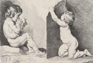 طفلان عريان يأكلان العنب ، من كتاب الأطفال الجديد ، 1720-60.