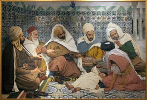 طرد الأرواح الشريرة: موسيقيون عرب يطاردون الجن من جسد طفل. لوحة لأندريه بروييه (1857-1914) ، زيت على قماش