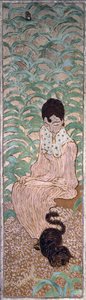 امرأة جالسة مع قطة ، واحدة من أربع لوحات للنساء في الحديقة ، 1891 (زيت على ورق على قماش) بواسطة بيير بونارد