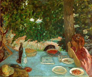 فطيرة الكرز شابة جالسة لديها طاولة في حديقة. لوحة لبيير بونارد (1867-1947) 1908 خافت. 115x126 سم زيورخ ، مجموعة بيتر ناثان بواسطة بيير بونارد
