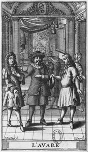 موليير مثل هارباجون ، رسم توضيحي للواجهة الأمامية من "The Miser" بواسطة Moliere ، محفور بواسطة Jean Sauve (fl.1660-91) edition 1682 بواسطة بيير بريسارت
