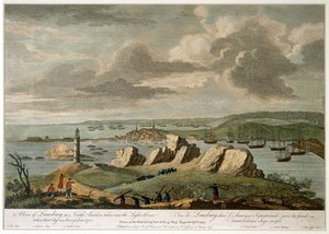 "منظر للويسبورغ في أمريكا الشمالية تم التقاطه بالقرب من Light House عندما حوصرت تلك المدينة عام 1758" (نقش بالخطوط ، ملون)