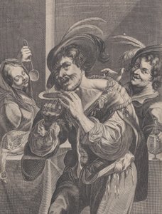 رجل يشرب الحساء بينما يراقبه شخصان ، 1624-1675. بواسطة بيير داريت