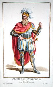 ألفونسو الخامس (1396-1458) ملك أراغون وصقلية ، من "Recueil des Estampes ، يمثل الرتب والكرامات ، متبعًا لزي جميع الدول الموجودة" ، نُشر عام 1780 (نقش ملون يدويًا) بواسطة بيير دوفلوس