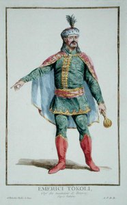 Emerici Tokoli ، رئيس Malcontents of Hungary من 'Receuil des Estampes ، ممثلو les Rangs et les Dignites ، وفقًا لزي كل الدول الموجودة' ، نُشر عام 1780 (نقش ملون يدويًا) بواسطة بيير دوفلوس