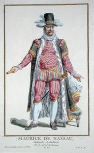 الأمير موريس من ناسو (1567-1625) Stadholder of the Dutch Republic from 'Receuil des Estampes ، الذي يمثل الرتب والكرامات ، متبعًا لزي جميع الدول الموجودة' ، نُشر عام 1780 (نقش ملون يدويًا) بواسطة بيير دوفلوس