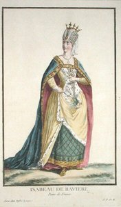 الملكة إيزابيلا من بافاريا (1371-1435) من "Receuil des Estampes ، التي تمثل الرتب والكرامات ، بعد أزياء جميع الدول الموجودة" ، نشرت عام 1780 (نقش ملون يدويًا) بواسطة بيير دوفلوس
