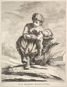 طفل مع كلب يحمل سلة من العنب من Premier Livre de Figures daprès les po ...، 1757.