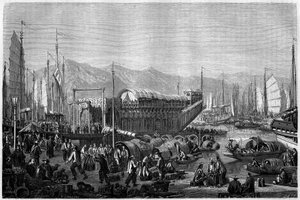 Boat des Fleurs ، مطعم ومكان للتسلية في ميناء شنغهاي عام 1860 ، الصين. نقش بواسطة Grandsire ، في "" Le Tour du Monde ، Nouveau journal des Voyages "، تحرير إدوارد شارتون ، باريس