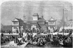 منظر جمركي في ميناء شنغهاي عام 1860 ، الصين. نقش بواسطة Grandsire ، في "" Le Tour du Monde، Nouveau journal des Voyages "" ، تحرير إدوارد شارتون ، باريس