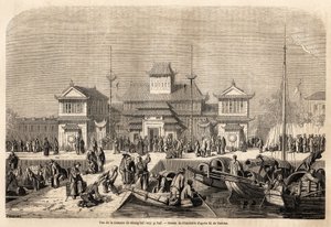 مبنى جمارك شنغهاي ، رسمه Grandsire ، لتوضيح رحلة ماركيز دي موجيس إلى الصين واليابان ، في 1857-1858. نقش في "" حول العالم ، مجلة سفر جديدة "" باريس