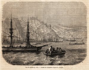 منظر كيبيك ، رسمه Grandsire ، لتوضيح الرحلات إلى أمريكا الشمالية في ١٨٥٤-١٨٥٥ ، بقلم إل ديفيل. نقش في "" Le Tour du monde "" 1861. مجموعة سيلفا.