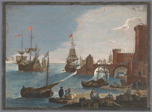 منظر لميناء بحري به سفن وقوارب على الماء الحادي عشر. Vüe ​​maritime (العنوان على الكائن) بواسطة بيير فوكيه