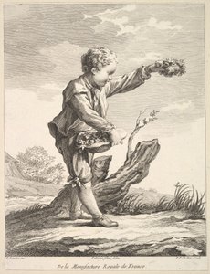 طفل صغير يحمل إكليلًا من الزهور وسلة من الزهور ، من Deuxième Livre de Figures d '... ، بعد عام 1757.