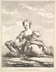 فتاة صغيرة تحمل إكليل من الزهور ، من الكتاب الثاني للأرقام بعد عام 1757.