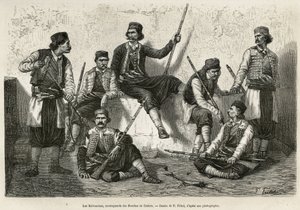 إن Krivoscians ، متسلقو الجبال من Bouches de Cattaro (أو Kotor ، خليج على الساحل المحيط للجبل الأسود) ، أسلحة لمقاومة قوة التعدي في القوات النمساوية. نقش بعد رسم بي فريتيل ، لتوضيح الرحلة إلى دالماتيا ، بقلم سي