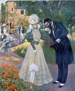 Belle epoque: "جنس اليد": رجل يحيي امرأة في حفل استقبال. رسم توضيحي لجينيوت لـ "Le Figaro illustrious" "بداية القرن العشرين في باريس ، الفنون الزخرفية