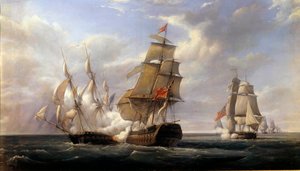 معركة الفرقاطة الفرنسية La Canonniere "" ضد السفينة الإنجليزية "Le Tremendous" "le 21/04/1806" لوحة لبيير جيلبرت (1783-1860) 1832 صن. 0،93 × 1،71 م