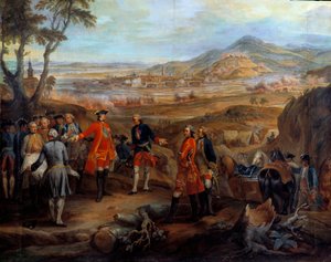 حملة فلاندرز (1745-1747): "" حصار فريبورغ في بريسغاو في 11 أكتوبر 1744 "" لويس الخامس عشر يوجه العمليات العسكرية. رسم بيير نيكولا لينفانت (1704-1787) القرن الثامن عشر. 2،75x2،5 م