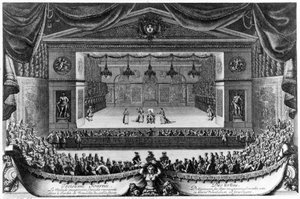 اليوم الثالث: Le Malade imaginaire (بواسطة Molière) ، كوميديا ممثلة في حديقة فرساي أمام الكهف عام 1676 ، نقش بواسطة Pierre Lepautre (1660-1744)
