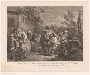 Ragotin gevlucht في een rozenstruik يسحب القدر Ragotin من شجيرة الورد التي ألقى فيها بنفسه أثناء فراره من La Rancune ، التي يعتقد أنها ماتت. مشاهد من رومان كوميك فان سكارون (عنوان المسلسل) بواسطة لويس سوروج