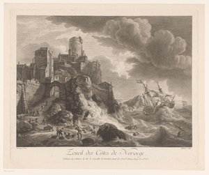 ساحل النرويج مع البحارة يغسلون الشاطئ Ecueil des Cotes de Norwege (العنوان على الكائن) بواسطة بيير مالوفر