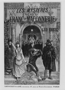 رسم توضيحي للغلاف الأمامي من فيلم "Les Mysteres de la Franc-Maconnerie" من تأليف Leo Taxil بواسطة بيير ميجانيل
