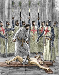 Heresie of the Templars: تمثيل لمراسم دخول فارس إلى ترتيب المعبد ، كون الهيكل ، وفقًا للاعترافات التي نُشرت بعد اعتقالهم ومحاكمتهم عام 1307 ، أُجبروا على إنكار المسيح ودوس الصليب خلال بواسطة بيير ميجانيل